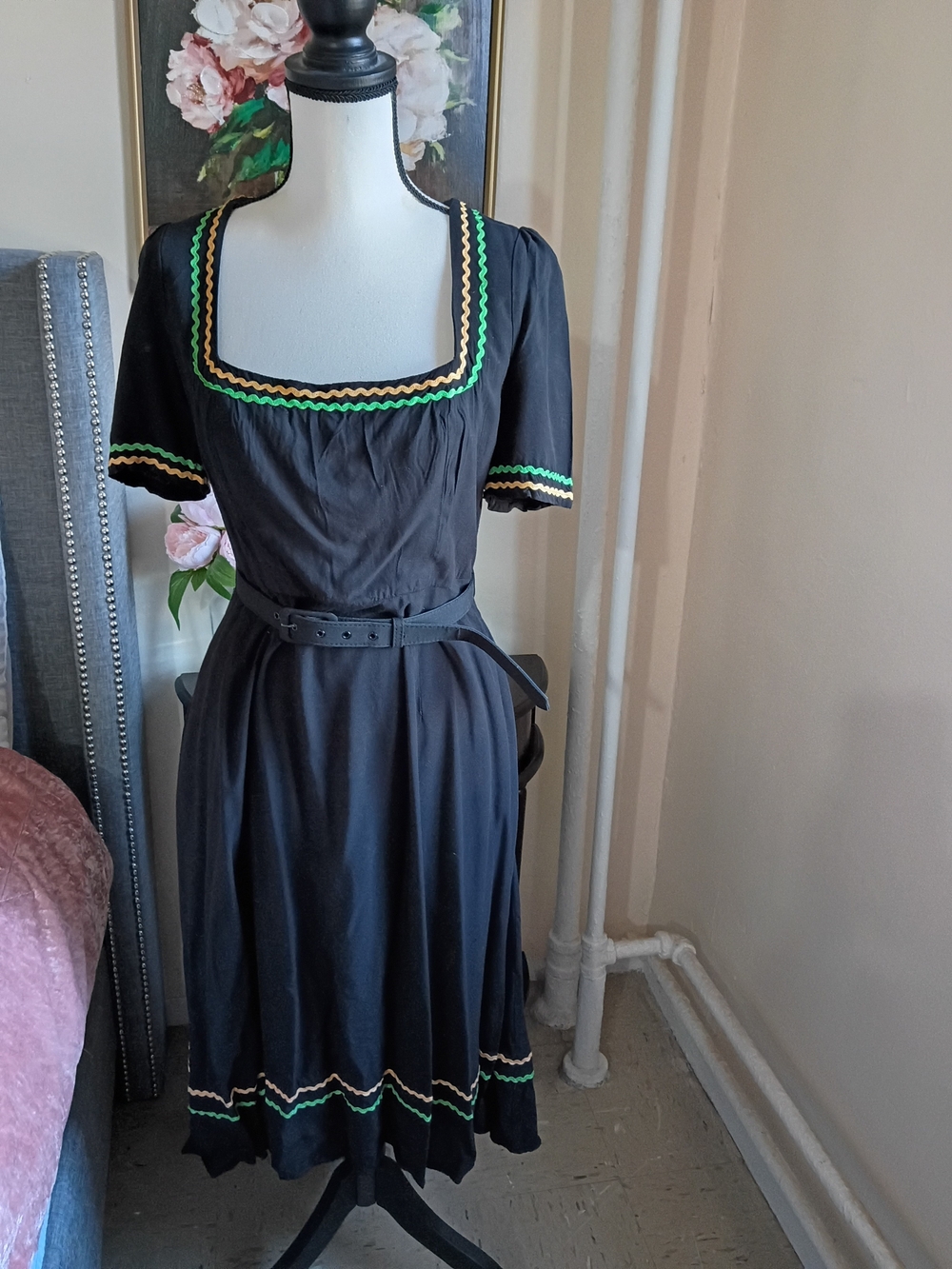 Collectif Black Midi Dress with Green and Yellow Trim